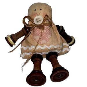 Handmade Fabric Button Doll Whimsical Folk Art Shelf Sitter